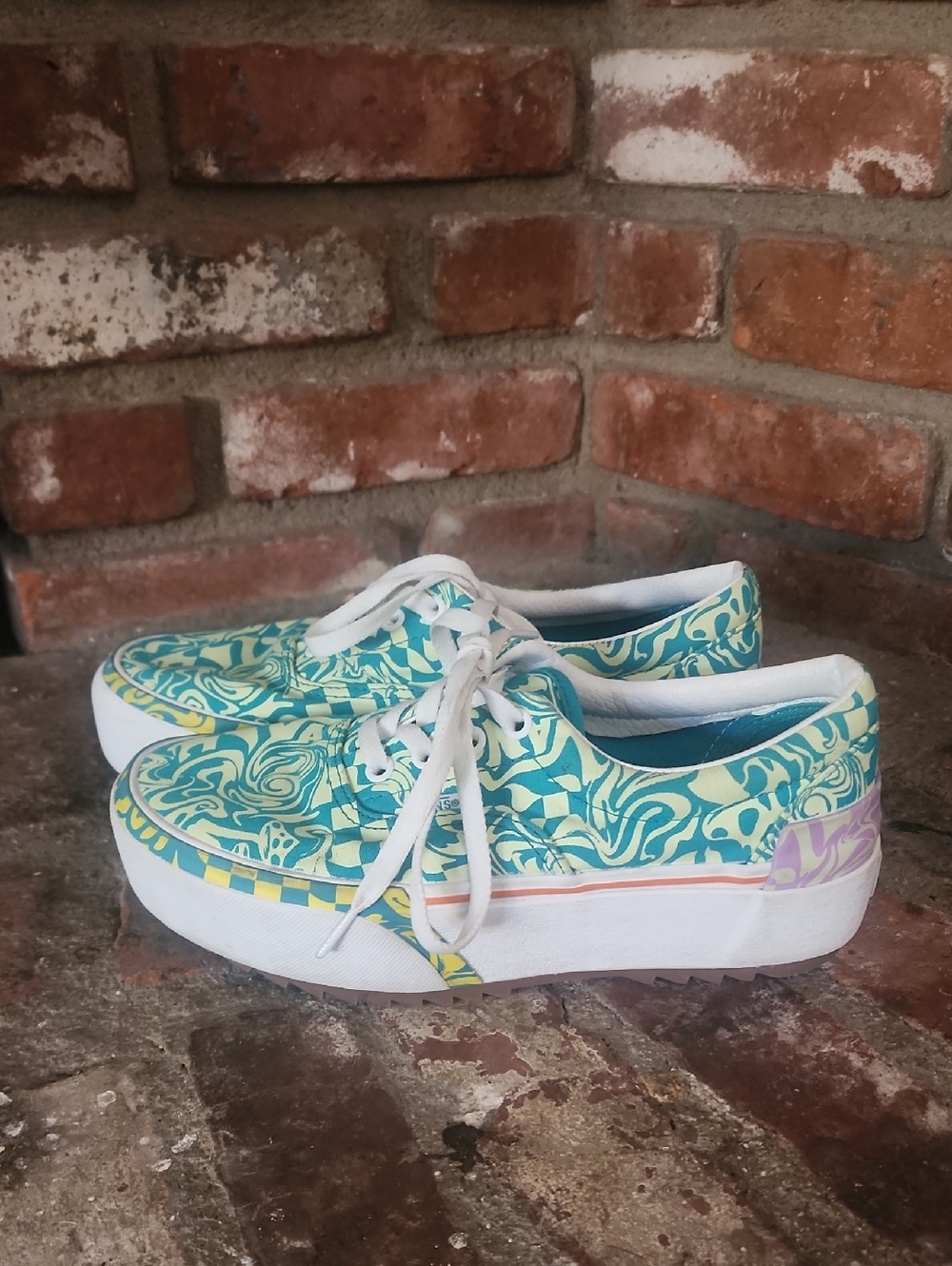 Vans Platform Teal Floral Pattern Sneakers Women Low Top Lace Up Skate Shoes Y2K